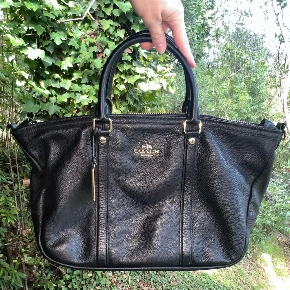 COACH Black Leather Satchel Shoulder Bag w Gold Hardware & Detachable Strap